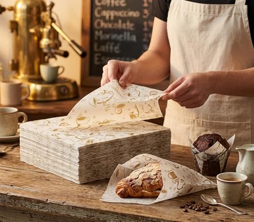 MADE IN USA 1,000 Sheets of Grease-Resistant Food Grade Waxed Kraft Deli Tissue Paper, 12" X 12" (Café Latte Print) - color: Café Latte Print