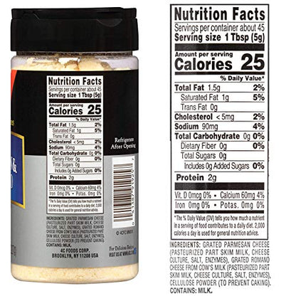 4C Grated Parmesan Romano Cheese Cannisters, 6 Pack, All Natural Premium, No Preservatives, Perfect for Italian Pastas, Lasagnas, Popcorn and More - size: 8 Ounce (Pack of 6)