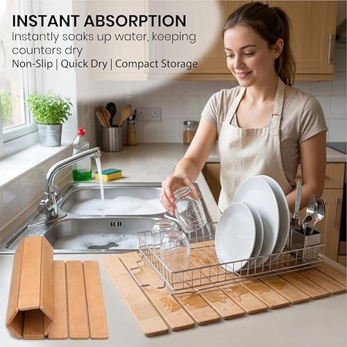 Large Stone Drying Mat 24"x16" – Diatomaceous Earth Stone Dish Drying Mat – Foldable, Ultra-Absorbent & Quick-Drying Countertop Protector for Cups, Plates, Utensils & Cookware - Wood Grain Textured - color: Wood Grain