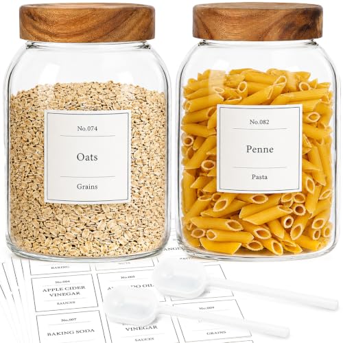 CONNOO 66 oz Set of 2 Large Glass Food Storage Jars Airtight Acacia Wood Lid Pantry Containers with 120 Labels Wide-Mouth Design for Easy Scooping for Flour, Sugar, Rice, Pasta, Coffee and Dry Foods - color: cylindrical/66oz/2pcs