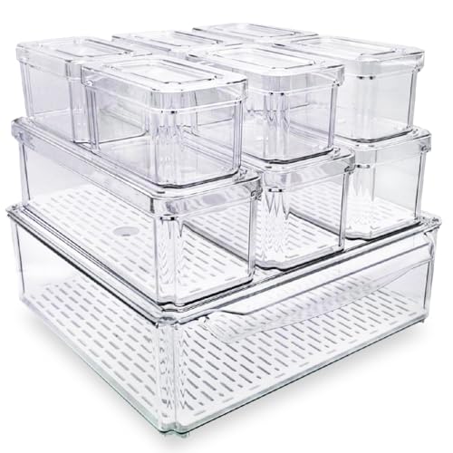 10-Pack Clear Fridge Organizer Bins with Lids & Drainage Holes, Stackable Container Set, BPA-Free Plastic Refrigerator Storage Containers for Food, Fruits, Vegetables, Meats (Multi-Purpose)