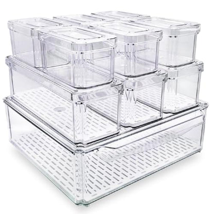 10-Pack Clear Fridge Organizer Bins with Lids & Drainage Holes, Stackable Container Set, BPA-Free Plastic Refrigerator Storage Containers for Food, Fruits, Vegetables, Meats (Multi-Purpose)