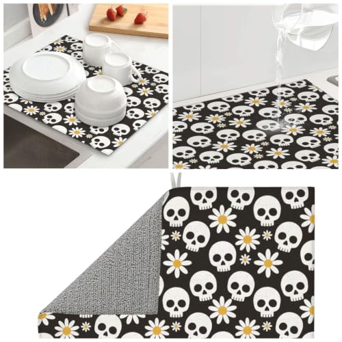 White Skulls Daisy Flowers Dish Drying Mats for Kitchen Counter, Super Absorbent Microfiber Drainer Pad, Washable Reversible Appliance Protector, Everyday Kitchen Must-Have, 16x18 Inch - color: White Skulls Daisy Flowers