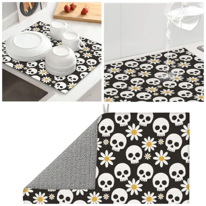 White Skulls Daisy Flowers Dish Drying Mats for Kitchen Counter, Super Absorbent Microfiber Drainer Pad, Washable Reversible Appliance Protector, Everyday Kitchen Must-Have, 16x18 Inch - color: White Skulls Daisy Flowers