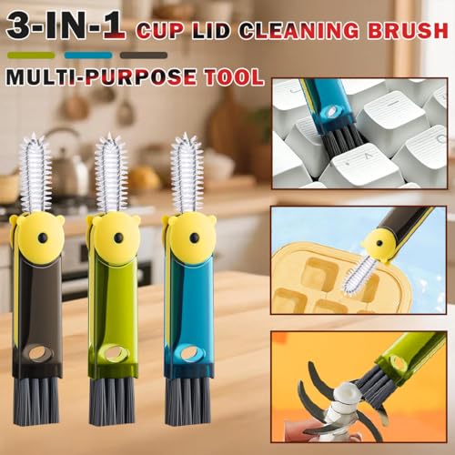3 in 1 Cup Lid Cleaning Brush, Multifunctional Crevice Cleaning Brush for Water Bottle Insulated Cup Pacifier Tumbler Lid Groove Narrow Space Detail Cleaner Home Kitchen Gadgets(3 PCS) - color: Green, Blue, Black(bear)