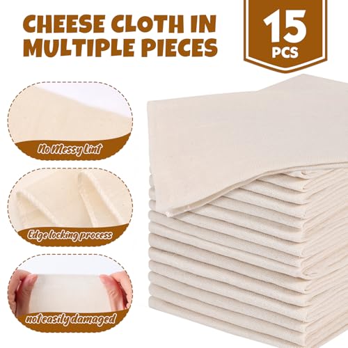 15 PCS Cheese Cloths for Straining, 20x20 Inch, Organic Cotton Cheese Cloths Unbleached, Cheesecloth Reusable With Hemmed Edge for Straining Liquid, Cheese Making,Juicing,Baking and Cooking.