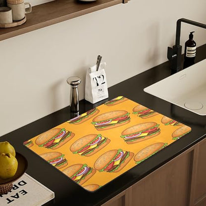 Cheeseburger Tomato Yellow Dish Drying Mat for Kitchen Counter Highly Absorbent Coffee Maker Mat Heat Resistant Dish Rack Pad for Sink Rack Pans Pots Utensils 15.7" x 11.8" - size: 15.7x11.8inch