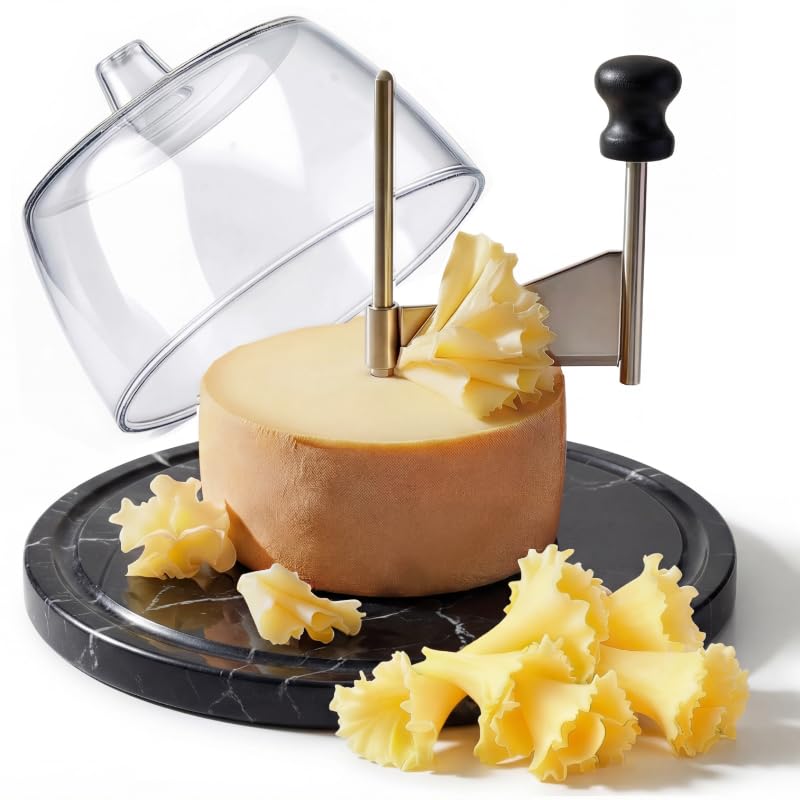 ZZXLLLO Girolle Cheese Curler Shaver Wheel – Stainless Steel Cheese Slicer Flower Maker Tool for Tête de Moine – Black Marble Base with Dome Lid - color: Black