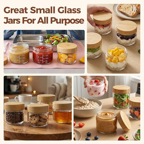 6oz Glass Jars with Airtight Lids - 4 Pack Overnight Oats Containers with Bamboo Lids, Small Food Containers with Measurement for Yogurt, Salad, Chia, Wide Mouth Mason Jar with Lid for Food Storage - color: 6oz - 4 Pack
