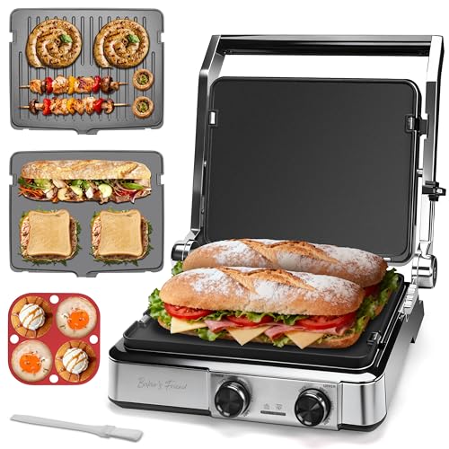 Baker's Friend 4-slice Panini Press Grill Cheese Sandwich Maker, Electric Grill Indoor with Temperature Setting, Opens 180 Degrees, Dual Non-stick Surfaces, 4-circle Silicone Mold, Reversible Plates - color: Silver