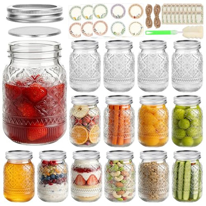 16 oz Embossed Mason Jars 15 Pack, Regular Mouth Pint Glass Canning Jars with Airtight Lids and Bands, Ideal for Overnight Oats, Meal Prep, Pickling, Fermenting, Food Storage, DIY Crafts & Gifts - color: Clear03-16oz
