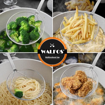 Walfos Spider Strainer, Set of 2-5.5 Inch Stainless Steel Fryer Scoop & 4 inch Fat Skimmer Spoon, Kitchen Spider Skimmer Strainer With Handle, For Cooking Deep Fryer, Pasta, Egg,Fat - size: 2 pcs (5.5" Strainer , 4" Skimmer)