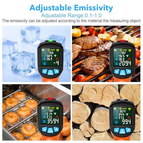 Infrared Thermometer Gun, TEMIRUP Digital Laser Temperature Gun, -58°F to 1472°F, Non Contact IR Temp Gun with Color LCD for Industrial, Cooking, Griddle, Engine, HVAC,Adjustable Emissivity & Humidity - color: Orange -58°F~1472°F (-50°C~800°C)