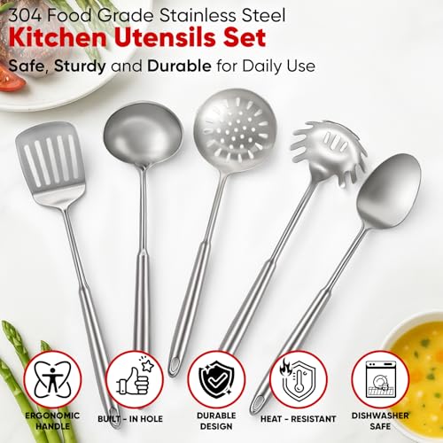 5 Pcs Newness Cooking Utensils Set, 304 Stainless Steel Kitchen Utensils Set, Metal Kitchen Accessories, Include Soup Ladle, Slotted Skimmer Spoon, Spaghetti Spoon and Spatula, Dishwasher Safe - size: 5 PCS Cooking Utensils Set