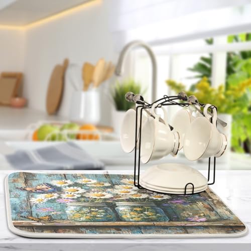 Butterfly Jars Dish Drying Mat Kitchen Dish Drying Pad Absorbent Microfiber Dish Mat for Coffee Bar Sinks Draining Racks 16x18 Inch - size: 16x18in