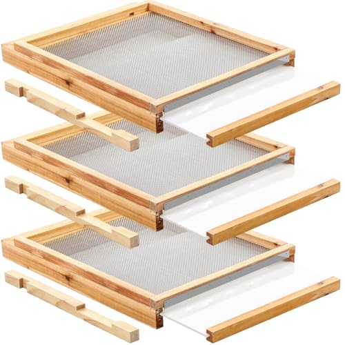DoubleFill 3 Pcs 10 Frame Beehive Screened Bottoms Board Dipped in Beeswax with Entrance Reducer Beeswax Wood Screeneds Bottom Boards for Beekeeping Supplies (Plastic Screened Bottom Board)