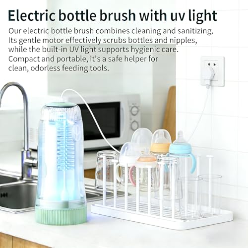 Portable Electric Silicone Bottle Brush Set, 7-in-1 UV Light USB Charging, Nipple/Straw Cleaner, Milk Mixer, Built-in Drying Rack & Storage Case, BPA-Free, IPX7, On-the-Go for New Parents - color: Mint