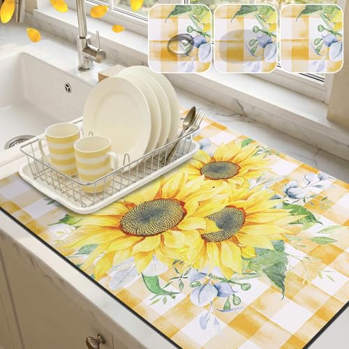 LOKHOM Dish Drying Mat for Kitchen Counter, 18"x24" Absorbent Coffee Bar Mat with Sunflowers, Vintage Floral Dish Drainer Rack Mat for Decoration - size: 18" x 24"