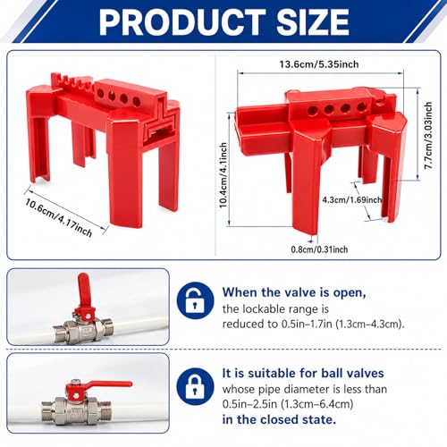Ball Valve Lockout Device, Adjustable Small Red | 1/2"-2-1/2" Outside Pipe Diameter, Outdoor Water Spigot & Industrial Faucet, Handle Pipeline Locking