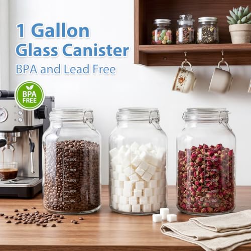 1 Gallon Round Glass Storage Jars, Airtight Glass Pickle Jars, Mason Jars | 4.3" Wide Mouth, Airtight Flip Lid, 2 Pack Food Grade Canisters, Gallon Glass Jars with ML/OZ Scale Line, Dishwasher Safe