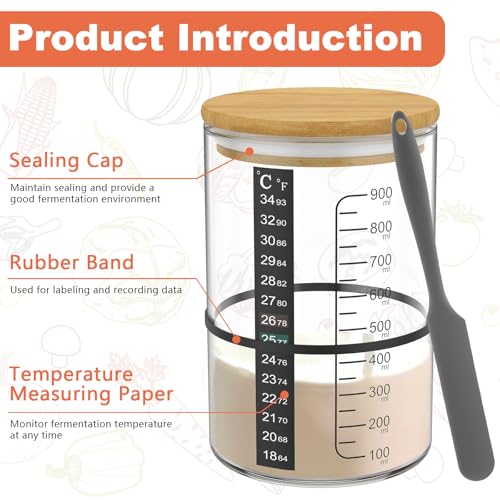 7Pcs Sourdough Starter Jar Kit, 30.4oz Sourdough Starter Jar Glass, DIY Breadmaking Kit with Thermometer/Date Marked Feeding Band/Scraper/Cloth Cover and Lid, Bread Baking Supplies for Homemade Bread