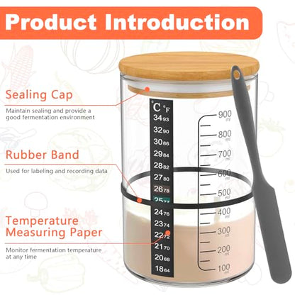 7Pcs Sourdough Starter Jar Kit, 30.4oz Sourdough Starter Jar Glass, DIY Breadmaking Kit with Thermometer/Date Marked Feeding Band/Scraper/Cloth Cover and Lid, Bread Baking Supplies for Homemade Bread