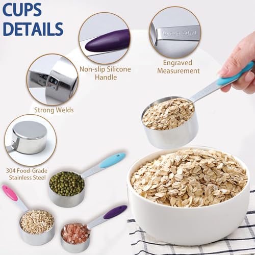12 PCS Measuring Cups and Spoons Set Stainless Steel, 5 Measuring Cups with Colorful Silicone Handle and 6 Double-Sided Magnetic Measuring Spoons & 1 Leveler for Cooking and Baking (5+6+1)