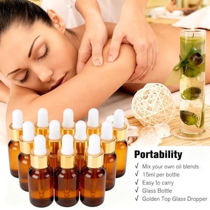 PrettyCare Glass Eye Dropper Bottles 24 Pack, 0.5oz (15ml) Small Amber Empty Thick Bottles with Leakproof Golden Caps - With Labels & Funnels for Storage, Travel, Essential Oils, Tinctures - color: 0.5oz Amber, style: 24 Pack