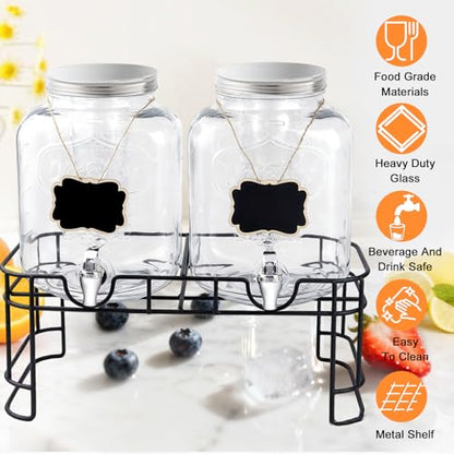 1.5 Gallon Glass Drink Dispensers For Parties-Set of 2,Drink Dispenser with Fruit Infuser & Stand,Juice or Beverage Dispenser for BBQ, Picnic, Party,Water Dispenser Laundry Detergent Dispenser - size: 1.5 Gallon Double With Stand