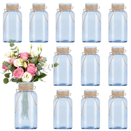 Vintage Glass Flower Vase, Farmhouse Glass Centerpiece Vases Mason Jars for Weddings, Parties & Home Decor Bulk (12, Blue) - color: Blue
