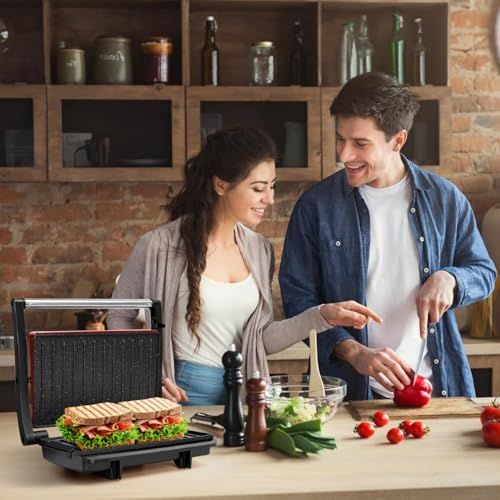 Panini Press Grill, Aigostar 1000W Sandwich Maker with Ceramic Non-stick Plates, Opens 180 Degrees for Any Size Food, 3-in-1 Sandwich Press Electric Grill, Drip Spout & Locking Lid, Red - color: Red