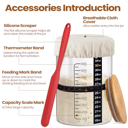 Yungyan 2 Sets Sourdough Starter Jar 34 oz Sourdough Starter Kit with Thermometer, Scraper, Cloth Cover and Bamboo Lid Wide Mouth Sour Dough Jar Container Bread Kit