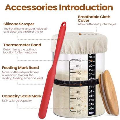 Yungyan 2 Sets Sourdough Starter Jar 34 oz Sourdough Starter Kit with Thermometer, Scraper, Cloth Cover and Bamboo Lid Wide Mouth Sour Dough Jar Container Bread Kit