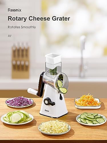 Rotary Cheese Grater with Handle, Reemix Vegetable Cheese Shredder Slicer Grater for Kitchen 3 Changeable Blades for Cheese Potato Zucchini Nuts Chocolate (White) - color: White