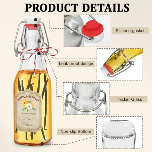 8oz Swing Top Glass Bottles for Vanilla Extract - 10 Pack Airtight Square Clear Jars with Leak-Proof Lids, DIY Kit with Stickers & Funnel - color: 10PC-8OZ-Square