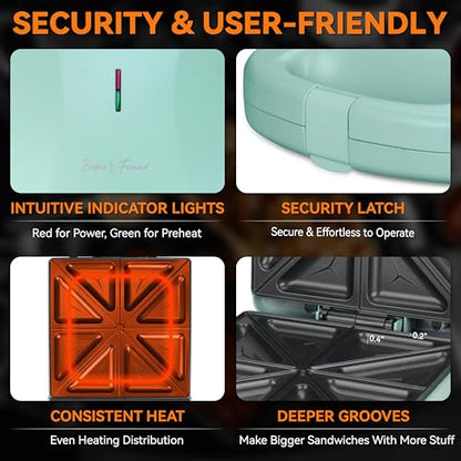 Baker’s Friend Breakfast Sandwich Maker, 4 Slices of Panini Grill Press Sandwich Maker, Electric Sandwich Maker with Indicator Light, Grill Cheese & Egg Muffin Sandwich Maker, Aqua - color: Sandwich Maker (Aqua)