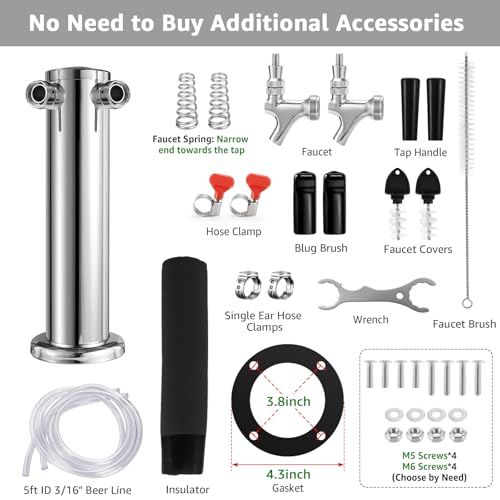 Dual Tap Kegerator Tower Beer Tap Tower 3" Draft Beer Tower Dispenser Keg Tower Beer Faucet Self-Closing Beer Tap Stainless Steel Kegerator Tap Tower Kit with Pre-Assembled Kegerator Line - size: Dual Tap Beer Tap Tower