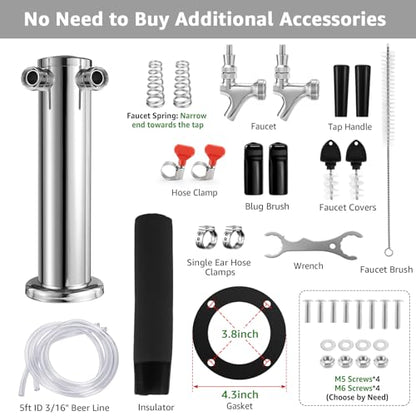 Dual Tap Kegerator Tower Beer Tap Tower 3" Draft Beer Tower Dispenser Keg Tower Beer Faucet Self-Closing Beer Tap Stainless Steel Kegerator Tap Tower Kit with Pre-Assembled Kegerator Line - size: Dual Tap Beer Tap Tower