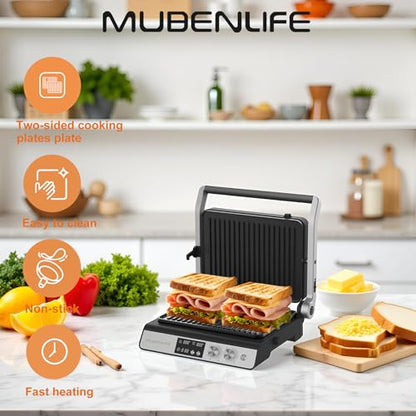 Panini Press,4 Slices Contact Grill with Removable Non-Stick Coated Grill and Flat Plates,Panini Makers with Temperature Control and Timer,Open 180 Degrees,Grill and Griddle (Half black with digital) - color: Half black with digital