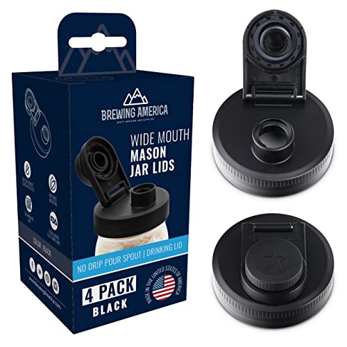 Mason Jar Lids Wide Mouth Plastic 4 pack-USA Made-Flip Cap Screw Top Pour Spout Drink Hole - Leak-proof for Ball, Kerr, Azure Canning Jars - Airtight for Drinks to Go and Controlled Pouring - Black - color: Black