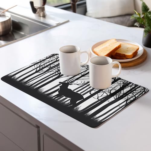 Deer Dish Drying Mat for Kitchen Counter Microfiber Super Absorbent Non-Slip Dish Drying Pad for Countertops Dishes Utensils Stylish Quick-Dry Machine Washable 18x24 Inch - color: Deer