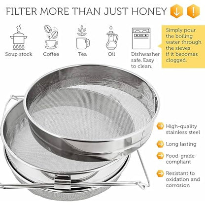 Double Layer Sieve Stainless Steel Honey Strainer | Honey Strainer for 5 Gallon Bucket Beekeeping Equipment Mesh Filter for Beekeepers Honey Extraction