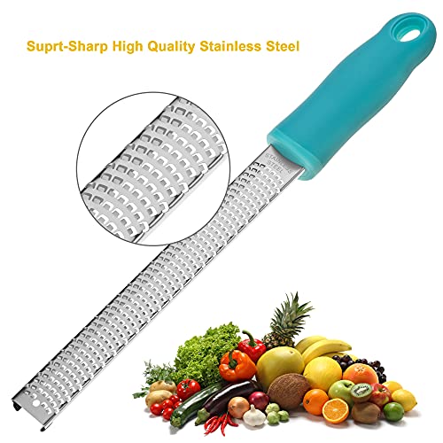 8-Inch Lemon Zester & Cheese Grater 18/8 Stainless Steel Citrus Zester for Lemon, Lime, Parmesan, Garlic & Ginger 8’’ Long Razor Sharp Blade, Ergonomic Non‑Slip Handle with Protective Cover, Blue - color: B-Blue