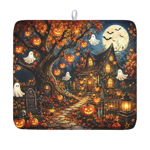 Halloween Dish Drying Mat for Kitchen Counter Seasonal Holiday Fall Spooky Pumpkin Ghost Microfiber Dish Drainer Mat Vintage Rustic Absorbent Washable Drying Pad 16"x18" - color: Halloween Pumpkin, size: 18" x 16"