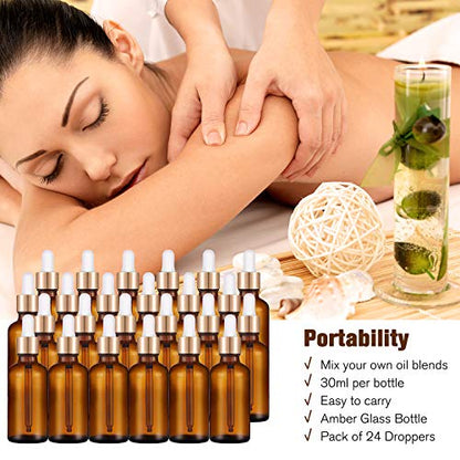 PrettyCare 1oz Glass Dropper Bottle Set of 24, Thick Amber Empty Bottles with Leakproof Golden Caps, Labels, Funnels - 30ml Eye Dropper Bottles for Storage, Essential Oils, Tincture - color: 1oz Amber, style: 24 Pack