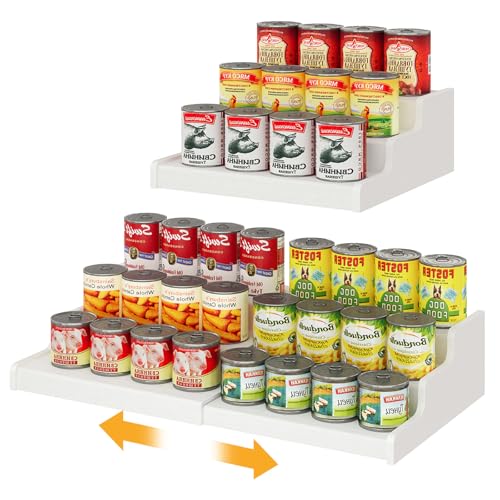 Expandable Bamboo Can Rack Organizer for Pantry, 3-Tier Adjustable Can Storage for Kitchen Cabinets, Soda & Canned Goods Holder for Pantry Organization, Holds Up to 24 Cans, White (Patent Pending) - color: White, size: 12.4"-24"W × 10.8"D × 4.5"H