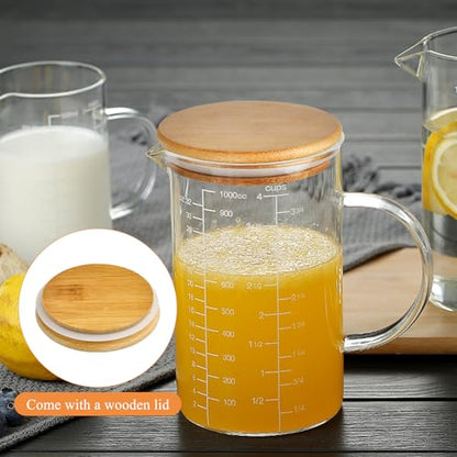 Glass Measuring Cup, 1000 ML (33.8 Oz, 4 Cup) High Borosilicate Glass Measuring Cup with Wood Lid Insulated Handle V-Shaped Spout for Kitchen Restaurant Easy To Read
