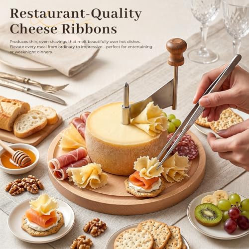 Girolle Cheese Curler with Hole Punch & Tweezers - Natural Beech Wood Cheese Shaver for Tete de Moine, Parmesan & Chocolate - Cheese Flower Cutter for Charcuterie Board Accessories & Gifts
