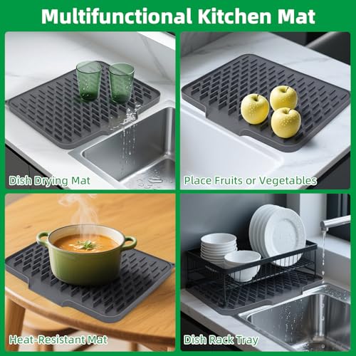 LONGKING Grey Non-Slip Dish Drying Mat - Multi-Use Silicone Mat & Dish Drying Rack for Kitchen Counter