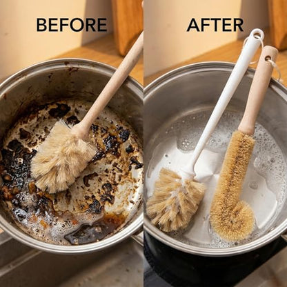 Bottle Brush & Dish Scrubber Set (3 Pack) - Kitchen Cleaning Kit with L-Shape Bottle Cleaner, Round Pan Brush & Detail Scrubber - Multi-Use for Bottles, Pots, Pans & Glassware - size: 3 Piece Set - Bottle + Pan + Detail